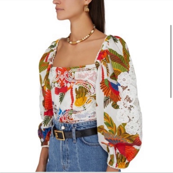 Farm Rio Forest Birds Smocked Lace Square Neck Crop Top Size Medium Size NWT - Picture 4 of 9